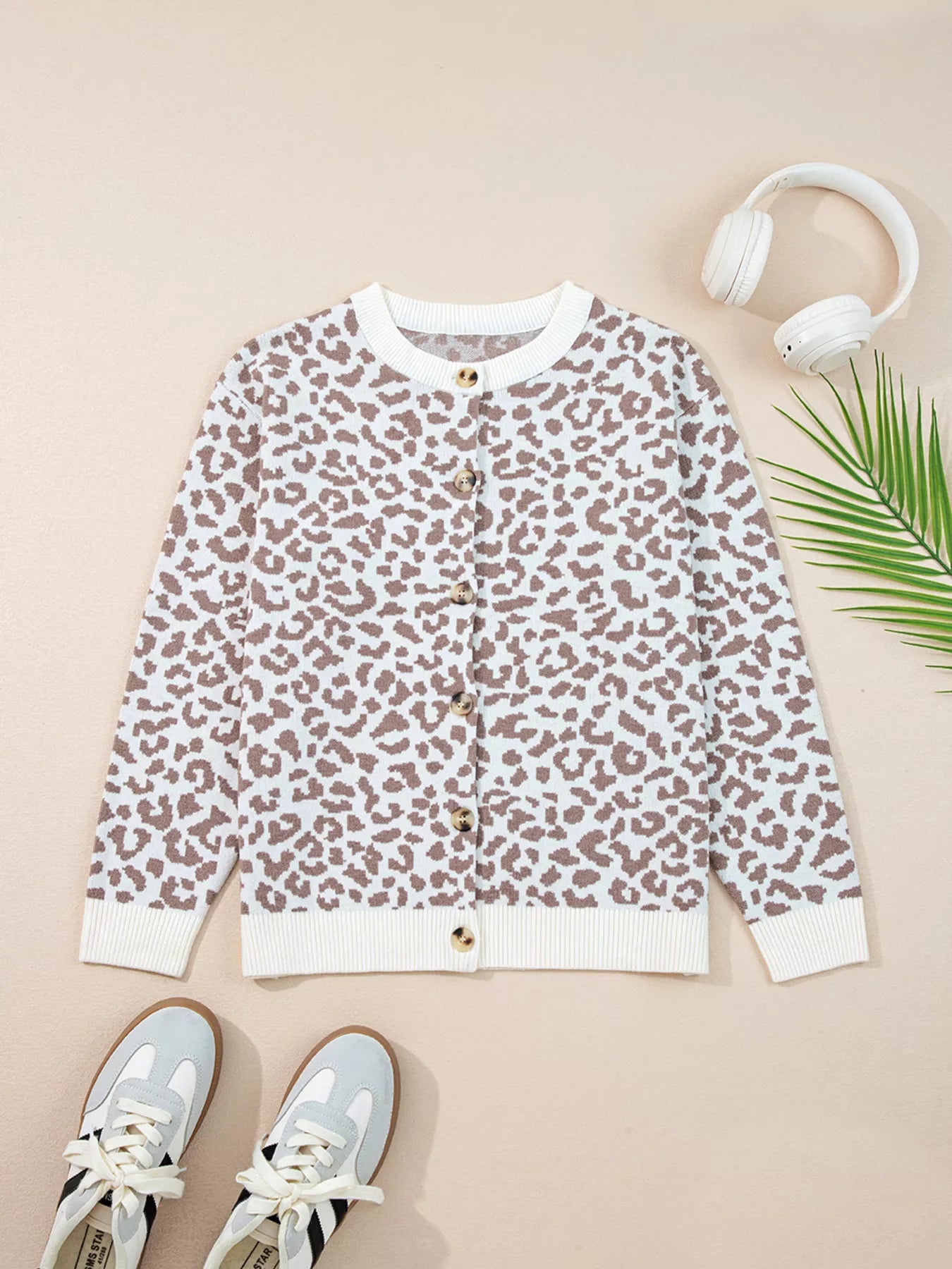 Leopard Drop Shoulder Chunky Knitted Cardigan OutfitFlow
