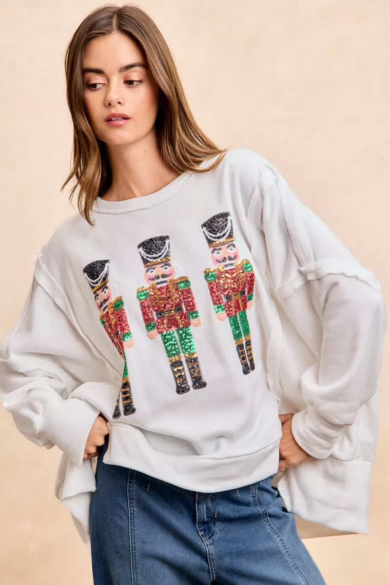 BiBi Christmas Sequin Nutcrackers Embroidery Sweatshirt OutfitFlow