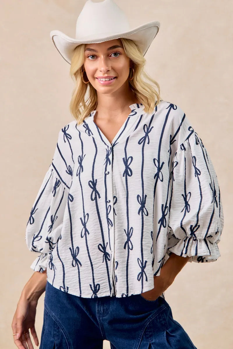 BiBi Bow Ribbon Printed Woven Bubble Sleeves Top OutfitFlow