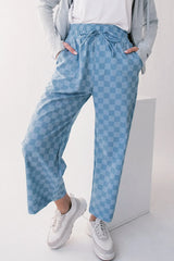 Checkered Elastic High Waist Loose Casual Pants OutfitFlow