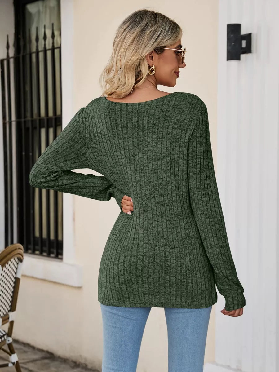 Ribbed Square Neck Long Sleeve T-Shirt Trendsi