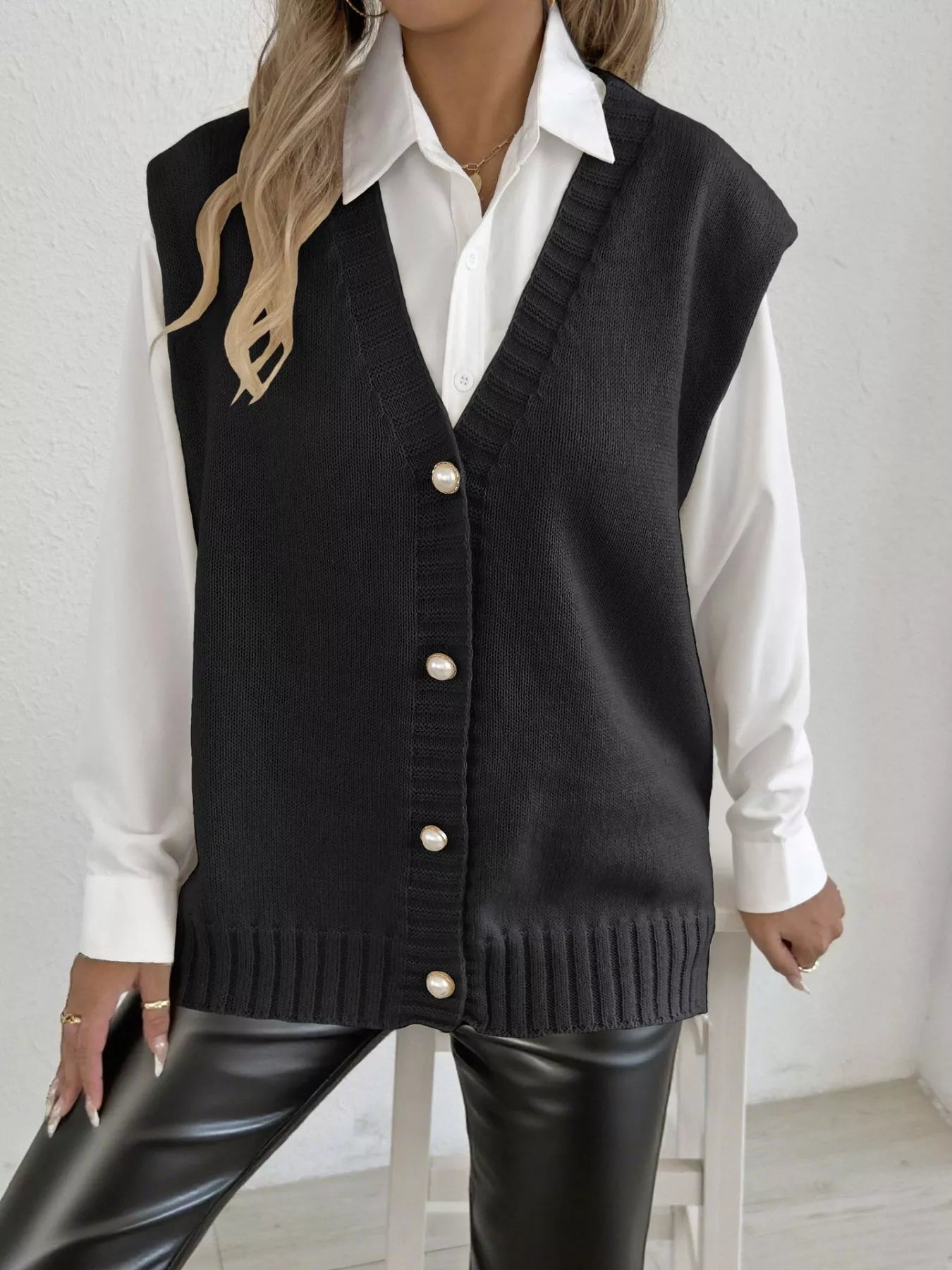 Button-Down Button Up Sweater Vest Black One Size Trendsi