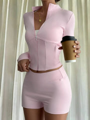 Zipper Front Long Sleeve Top and Shorts Active Set OutfitFlow
