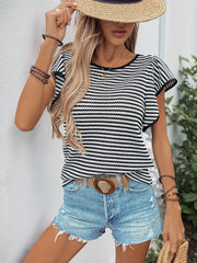 Ruffled Round Neck Short Sleeve Top OutfitFlow