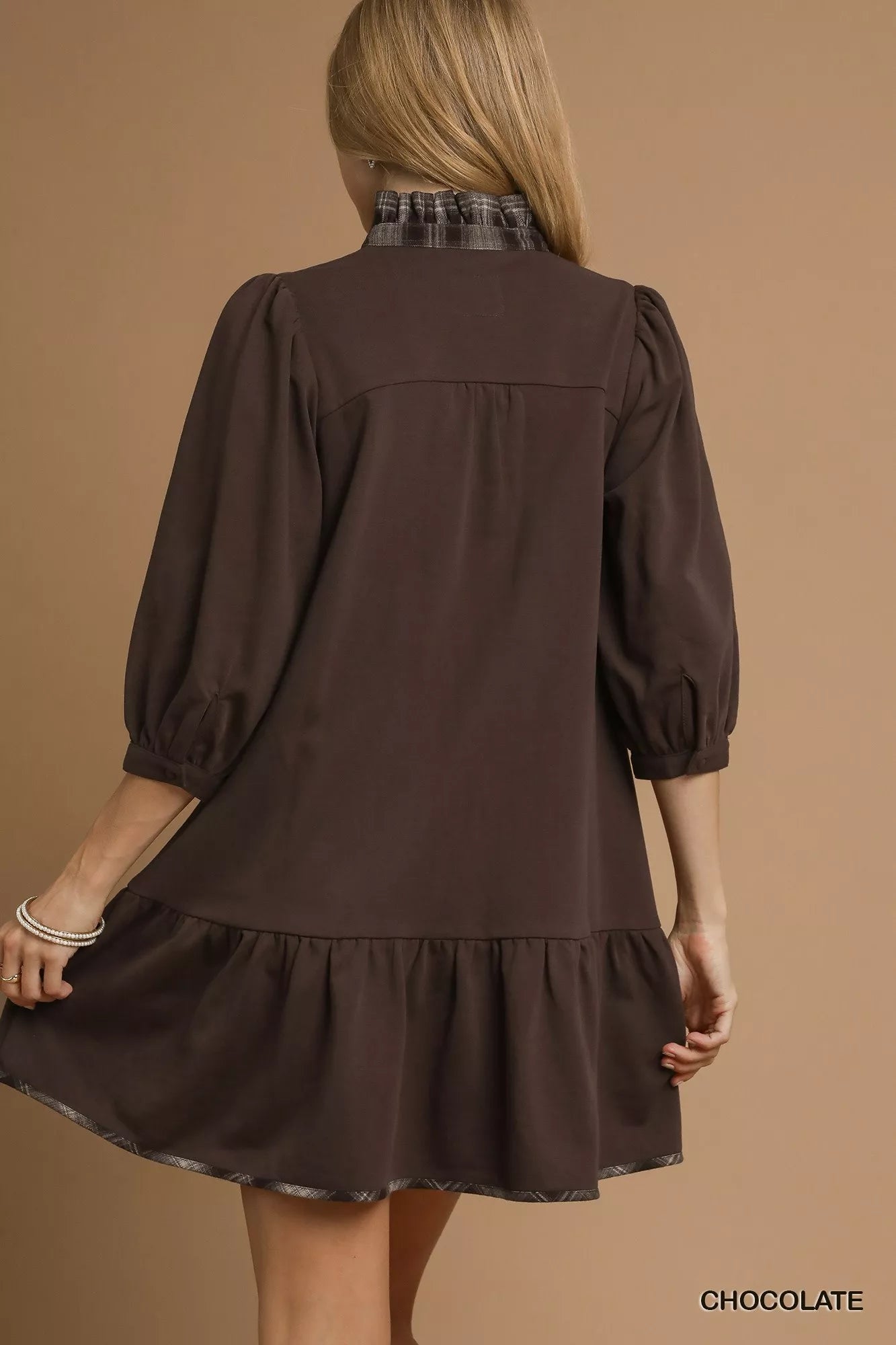 Umgee French Terry Ruffle Hem Dress with Plaid Trim OutfitFlow