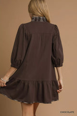 Umgee French Terry Ruffle Hem Dress with Plaid Trim OutfitFlow