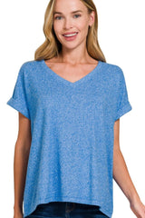 Zenana Soft Melange Hacci V-neck Tee OCEAN BLUE OutfitFlow