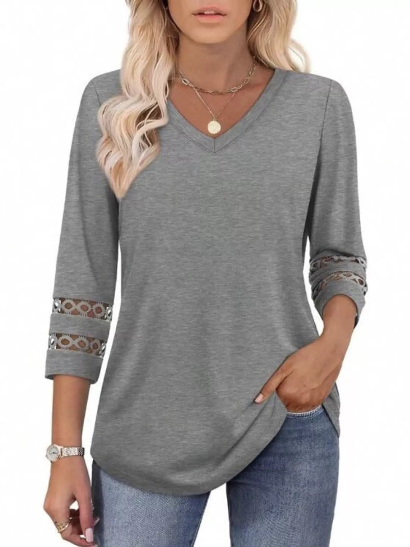 Full Size V-Neck 3/4 Sleeve T-Shirt Plus Size Dark Gray OutfitFlow