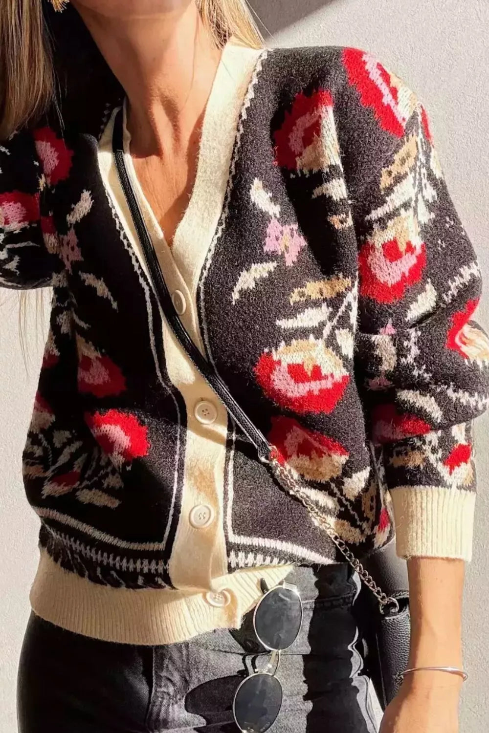 Button Down V-Neck Cardigan Black OutfitFlow