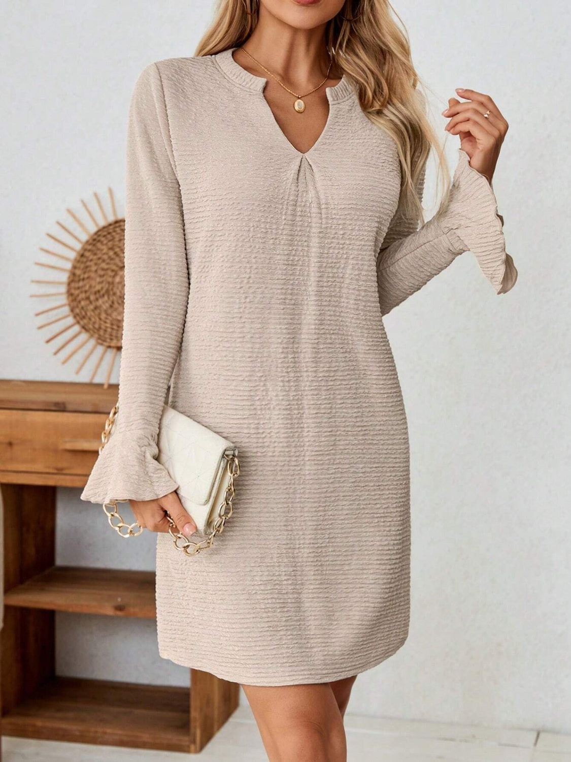 Notched Flare Sleeve Mini Dress OutfitFlow