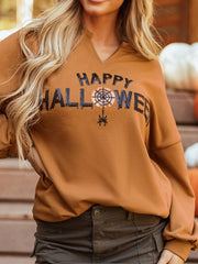 Happy Halloween Graphic Notched Long Sleeve Loose Top OutfitFlow