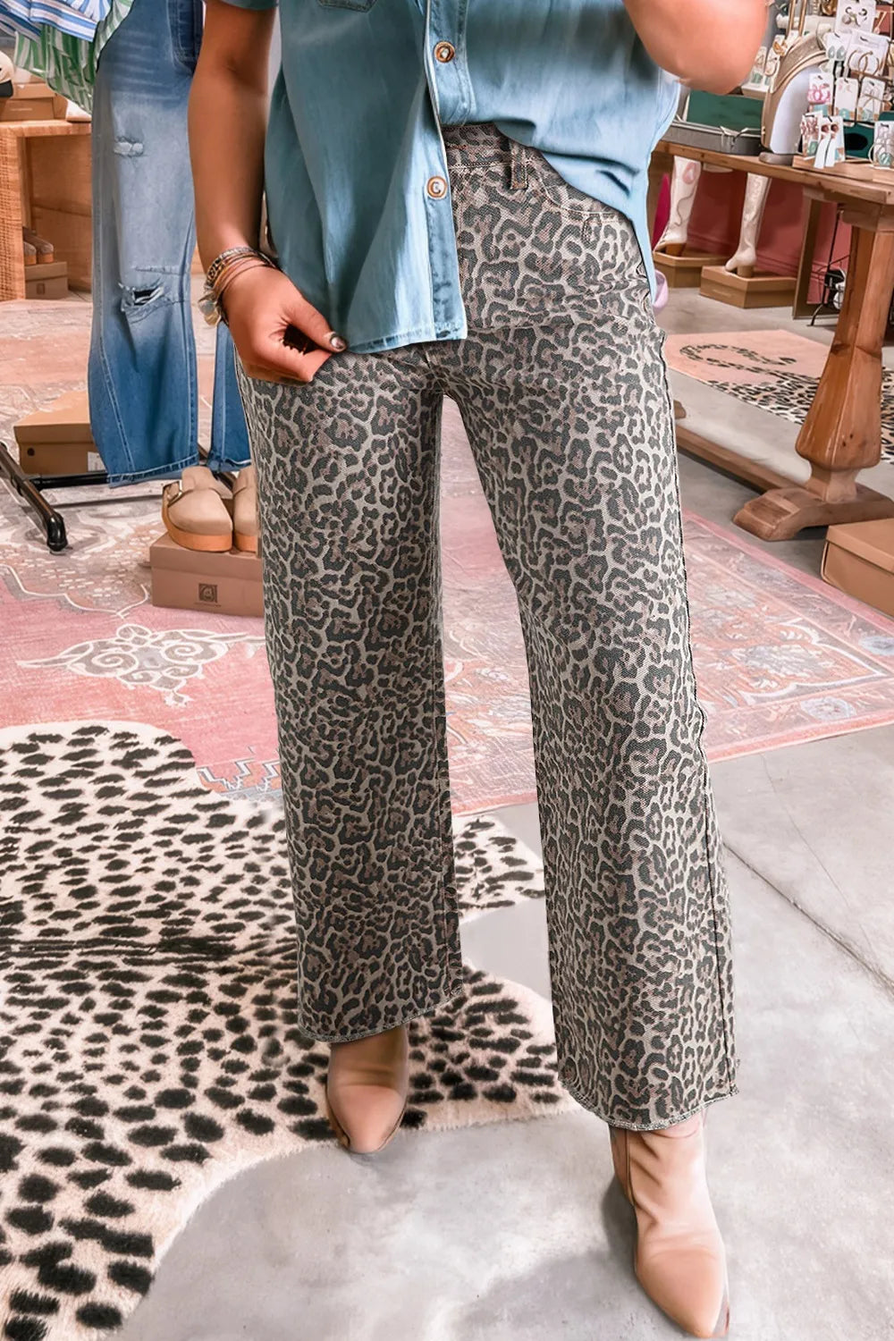 Leopard Frayed Edge Wide Leg High Waist Jeans OutfitFlow