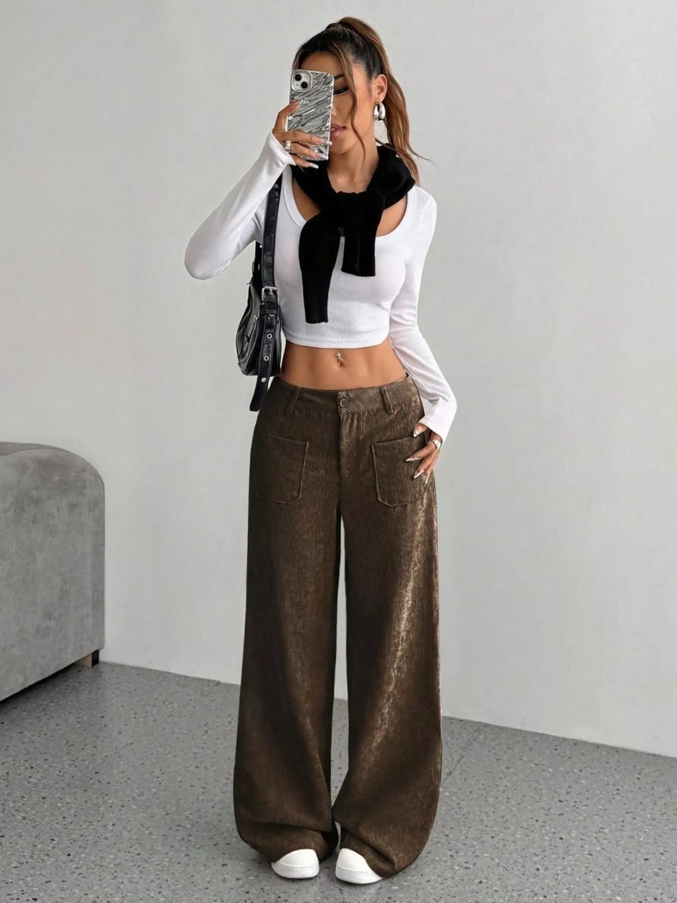 Corduroy Wide Leg Pants Brown OutfitFlow