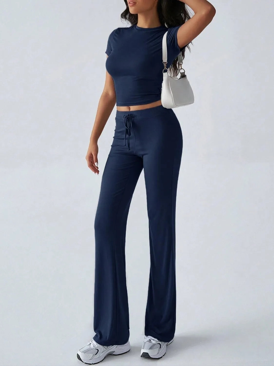 Round Neck Short Sleeve Top and Pants Set OutfitFlow