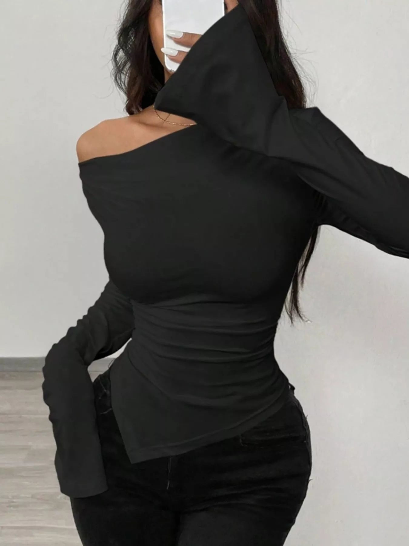 Asymmetrical Long Sleeve Fitted T-Shirt OutfitFlow