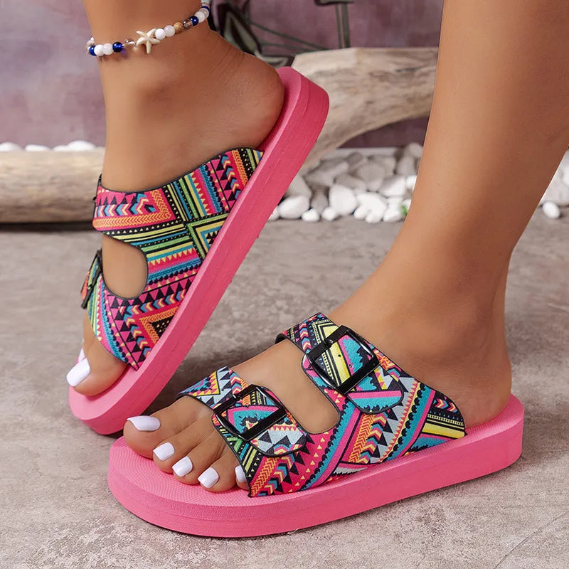 Ethnic Print Double Buckle Sandals Rose Gold OutfitFlow