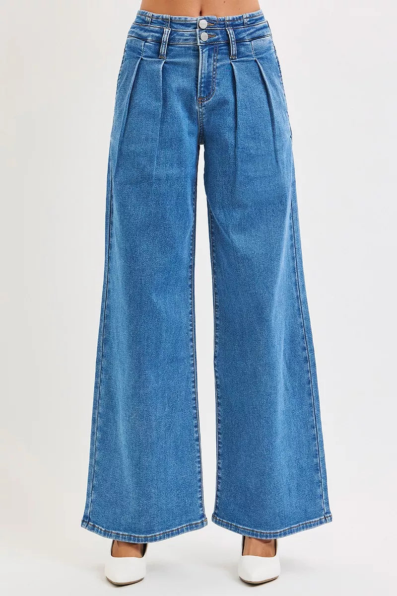 RISEN Full Size Mid Rise Fit Wide Leg with Pleated Detail Jeans Plus Size OutfitFlow