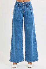 RISEN Full Size Mid Rise Fit Wide Leg with Pleated Detail Jeans Plus Size OutfitFlow