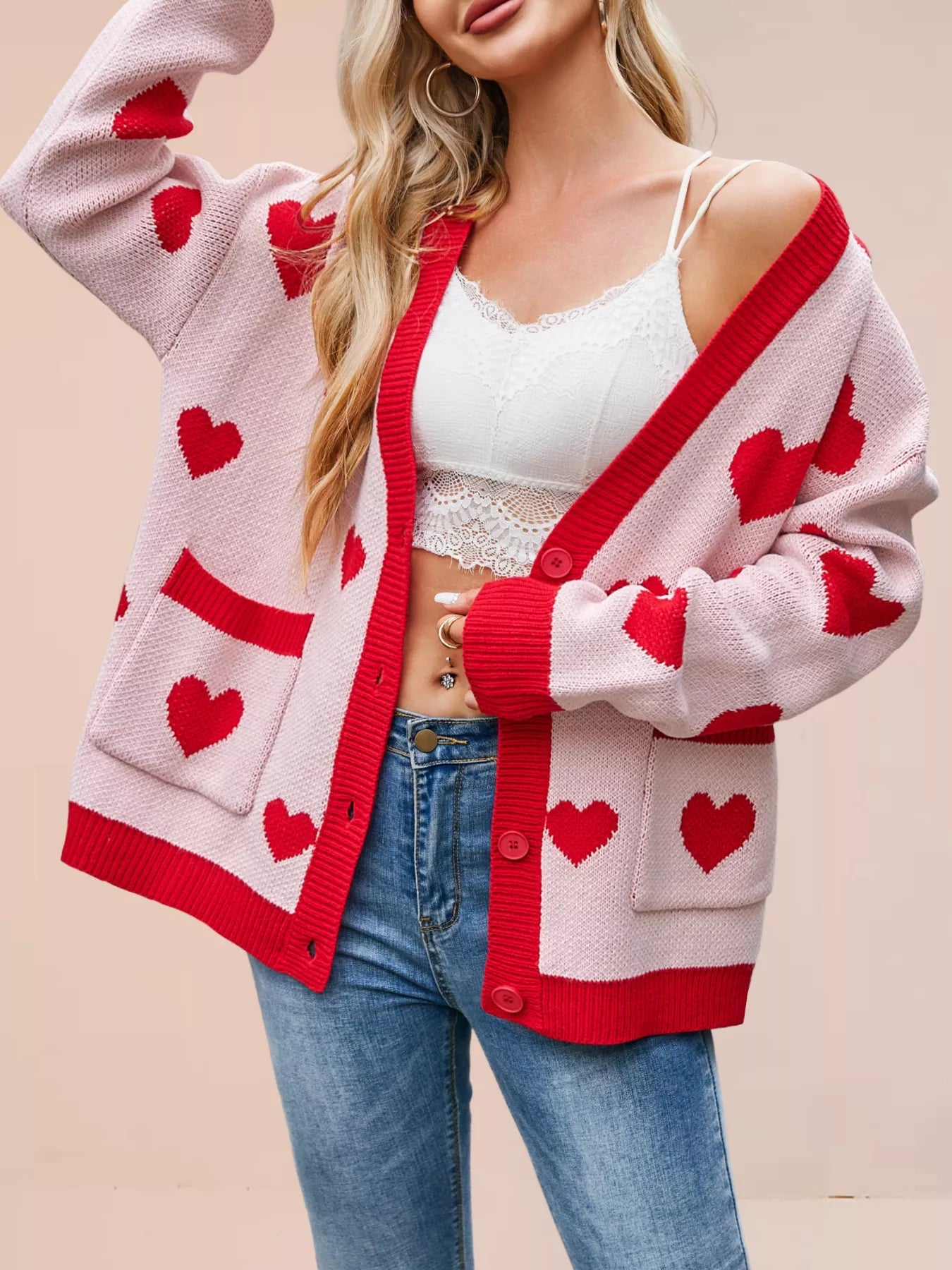 Heart Pattern Button-Up Knit Cardigan OutfitFlow