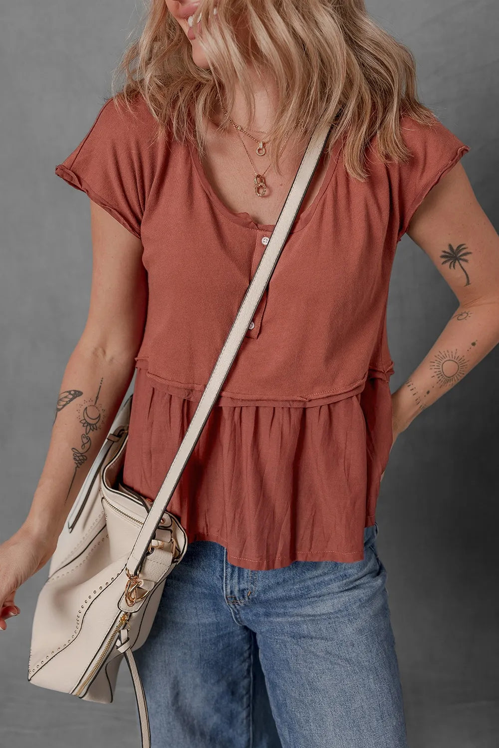 Short Sleeve U Neck Buttons Splicing Ruffle Blouse OutfitFlow