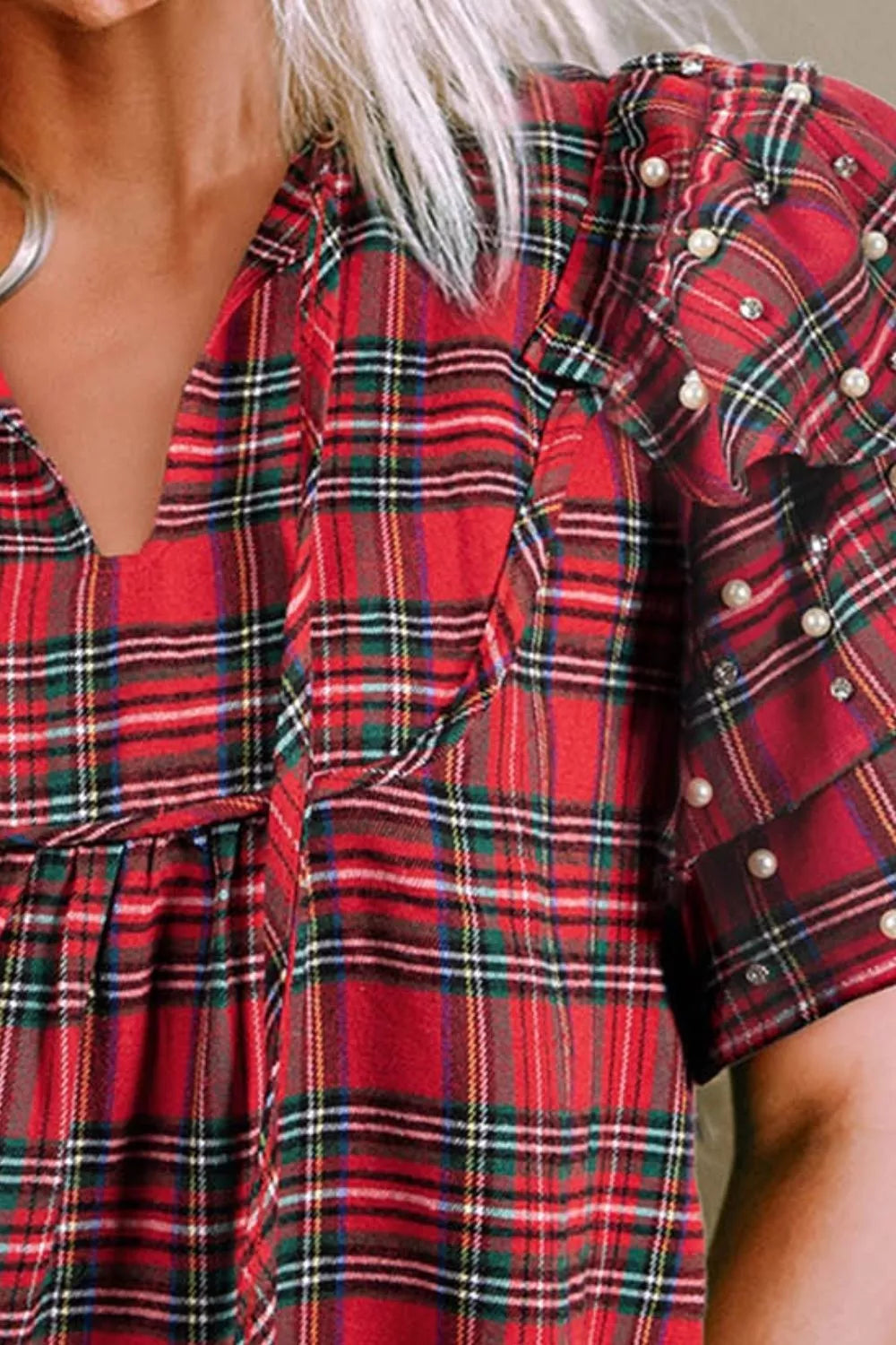 Plaid Pearl-Embellished Tie Neck Blouse Trendsi