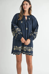 MABLE Embroidered Long Sleeve Peasant Mini Dress OutfitFlow