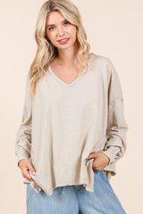 Mittoshop Mineral Wash V-Neck Long Sleeve Oversized Top OutfitFlow