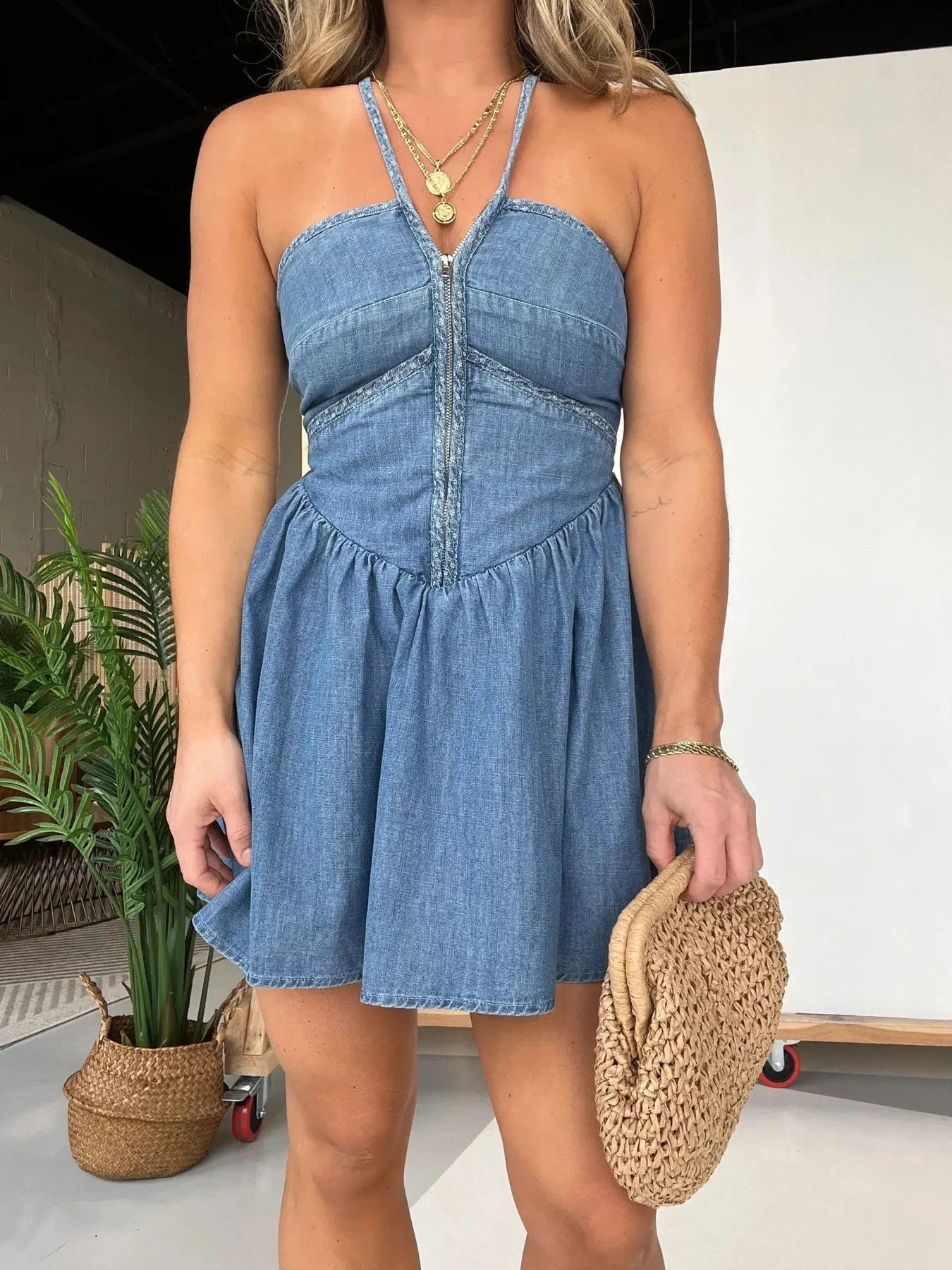 Full Size Lace Up Halter Neck Denim Dress Plus Size OutfitFlow