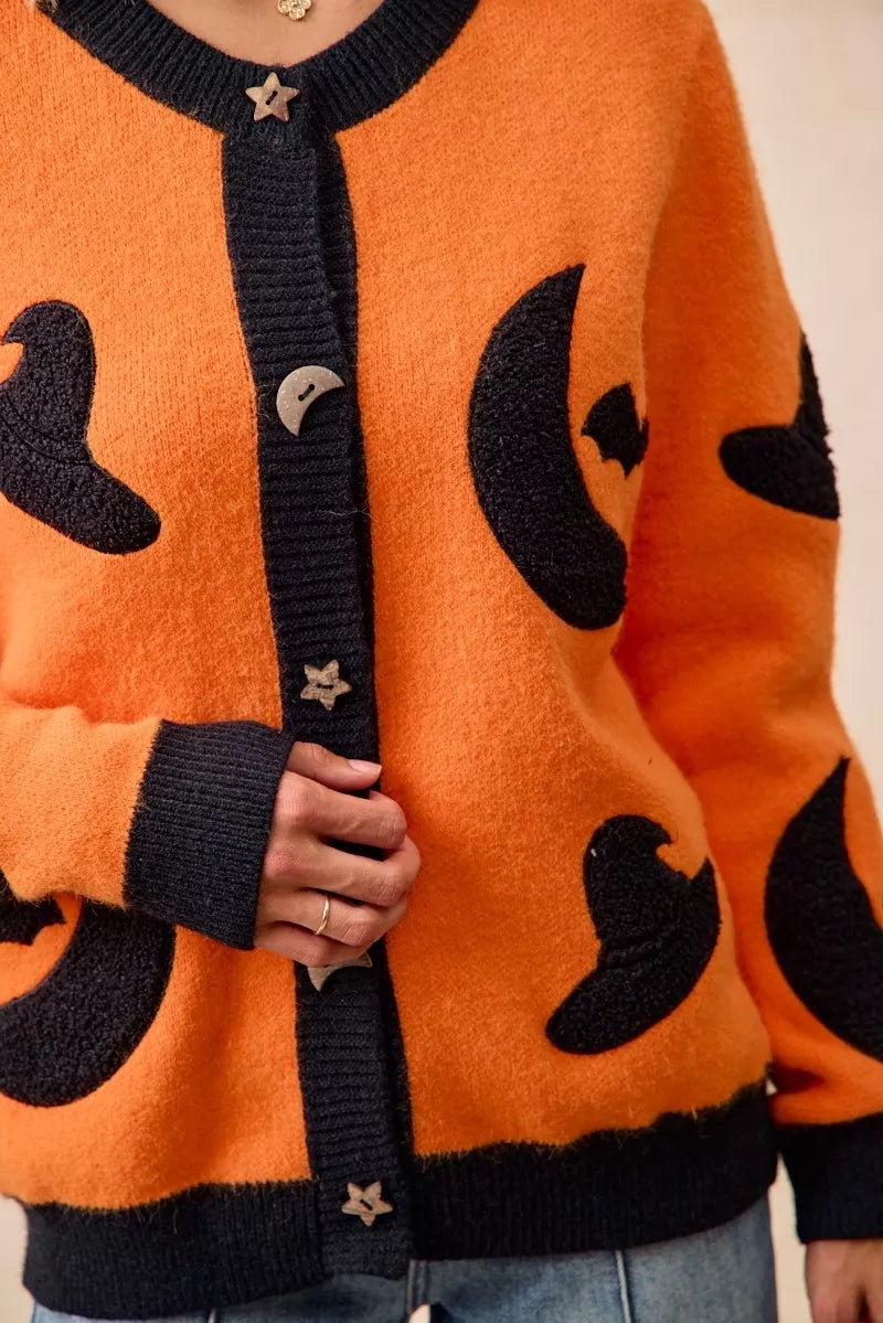 BiBi Halloween Witch Hat Moon Bat Artwork Cardigan Trendsi