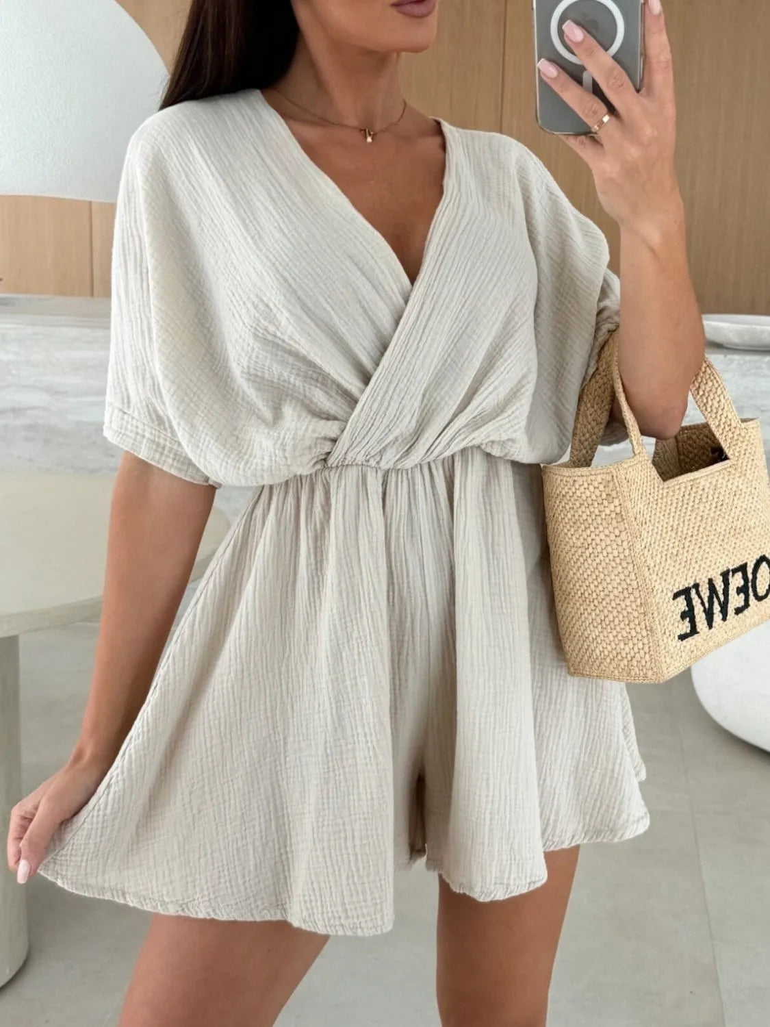 Surplice Half Sleeve Wrap Romper Off-white OutfitFlow