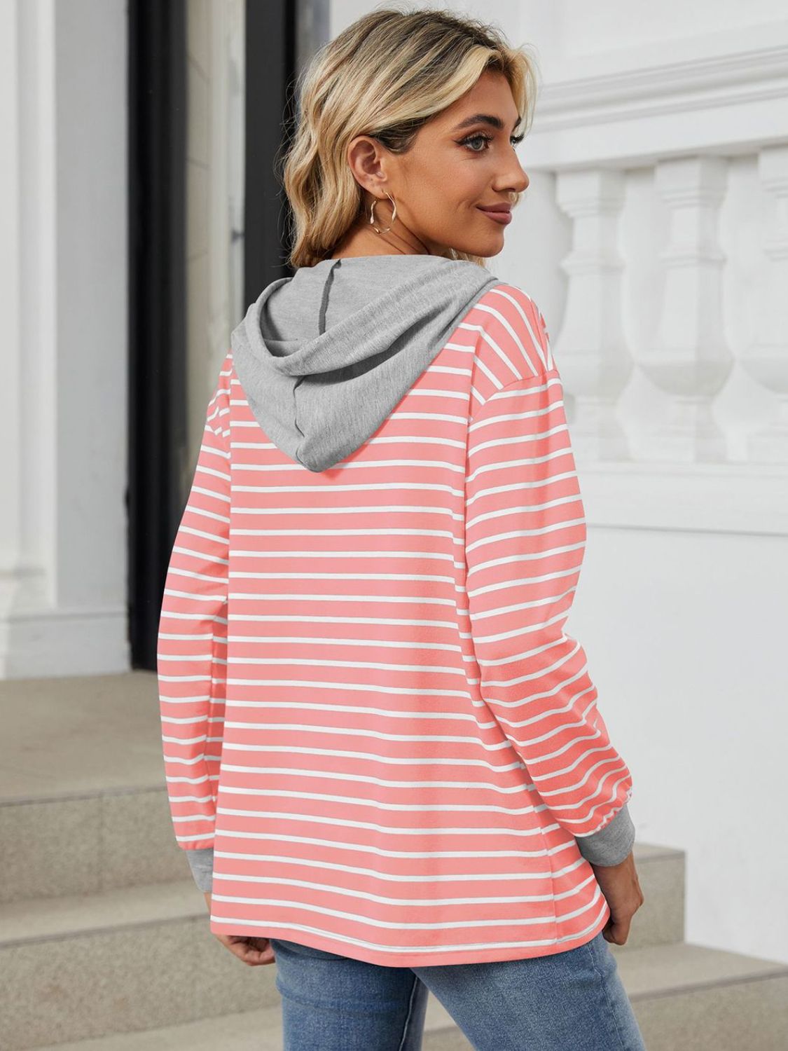 Outfit Flow - Drawstring Striped Long Sleeve Hoodie