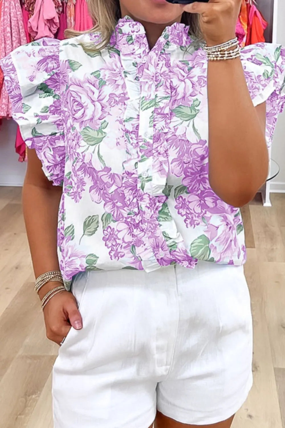 Printed Ruffled Sleeve Button-Up Blouse OutfitFlow
