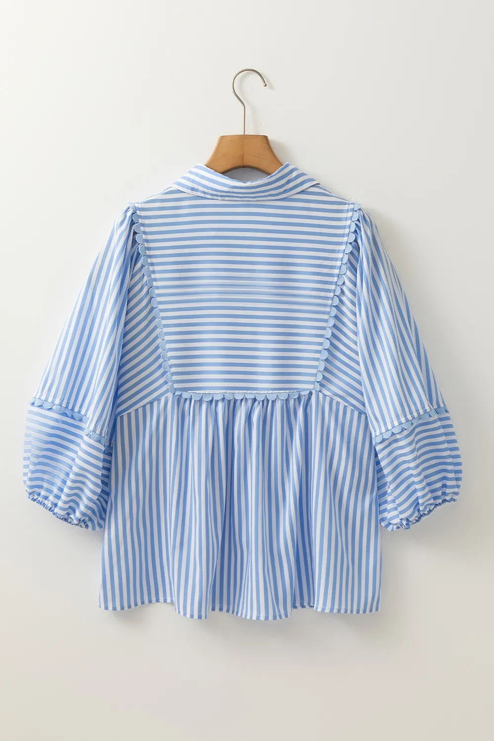 Striped Notched 3/4 Sleeve Blouse OutfitFlow