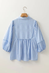 Striped Notched 3/4 Sleeve Blouse OutfitFlow