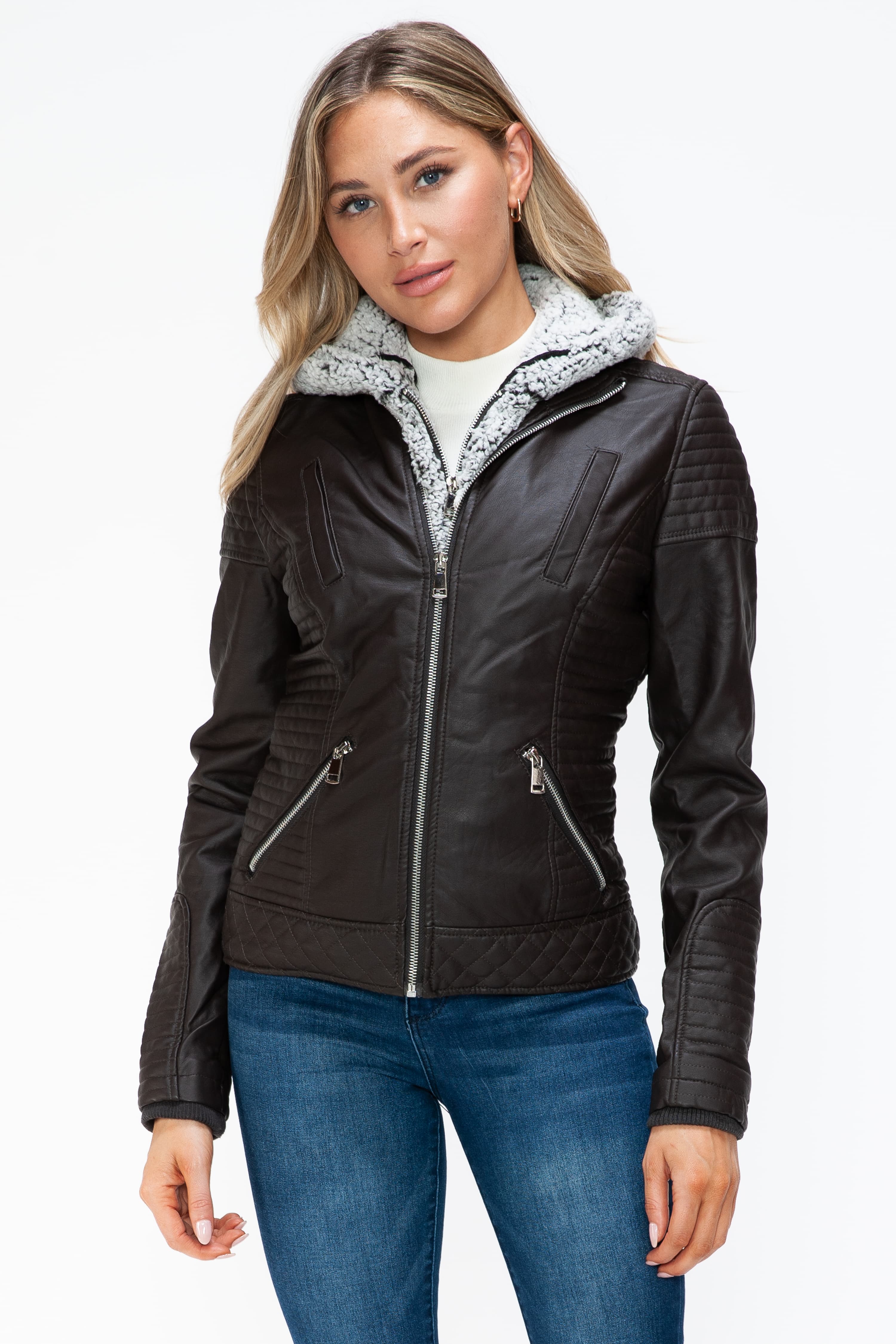 Outfit Flow - YMI Faux Layered Double-Zipper Jacket with Fuzzy Hood