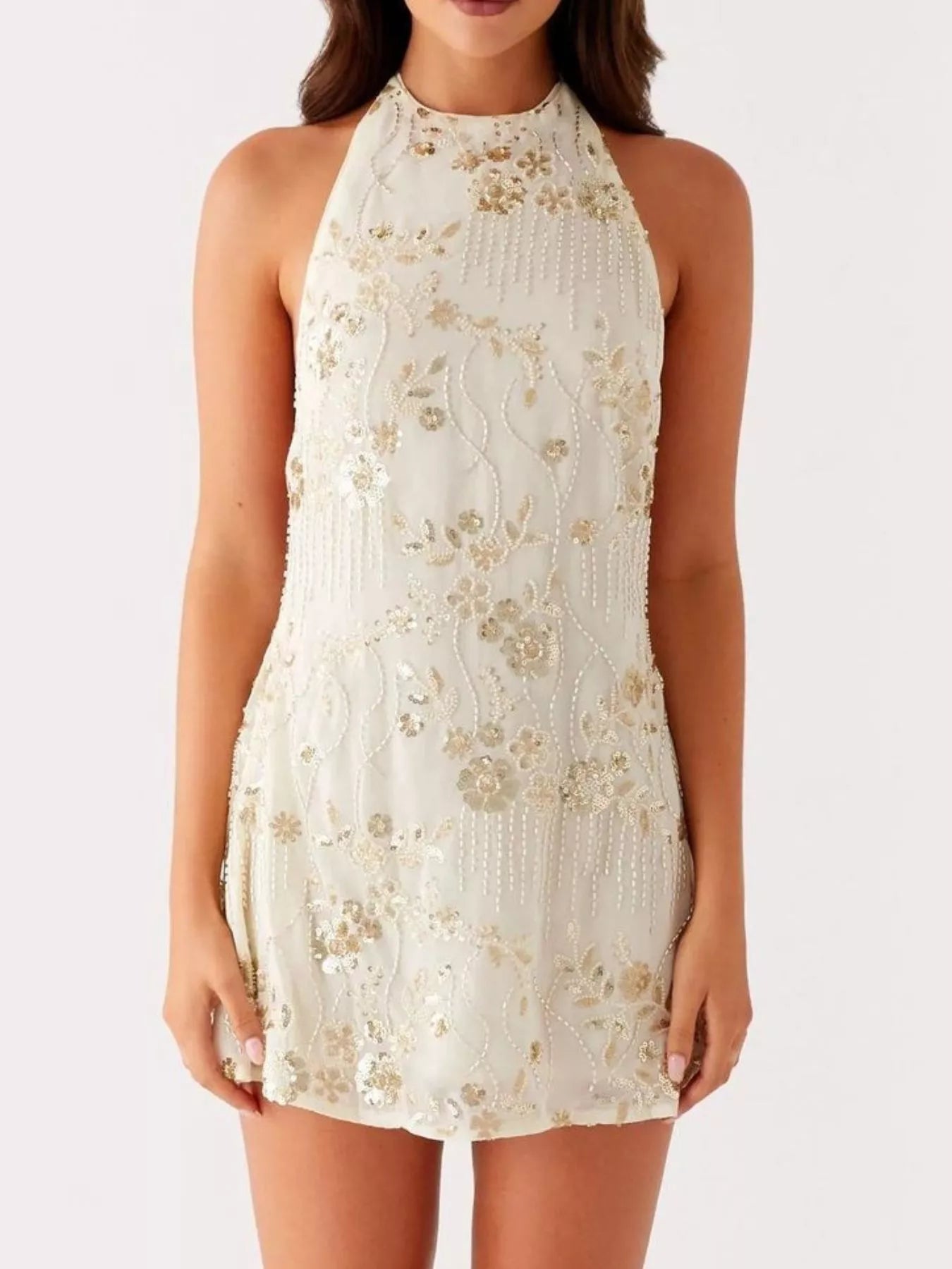 Backless Embroidered Halter Neck Mini Dress OutfitFlow