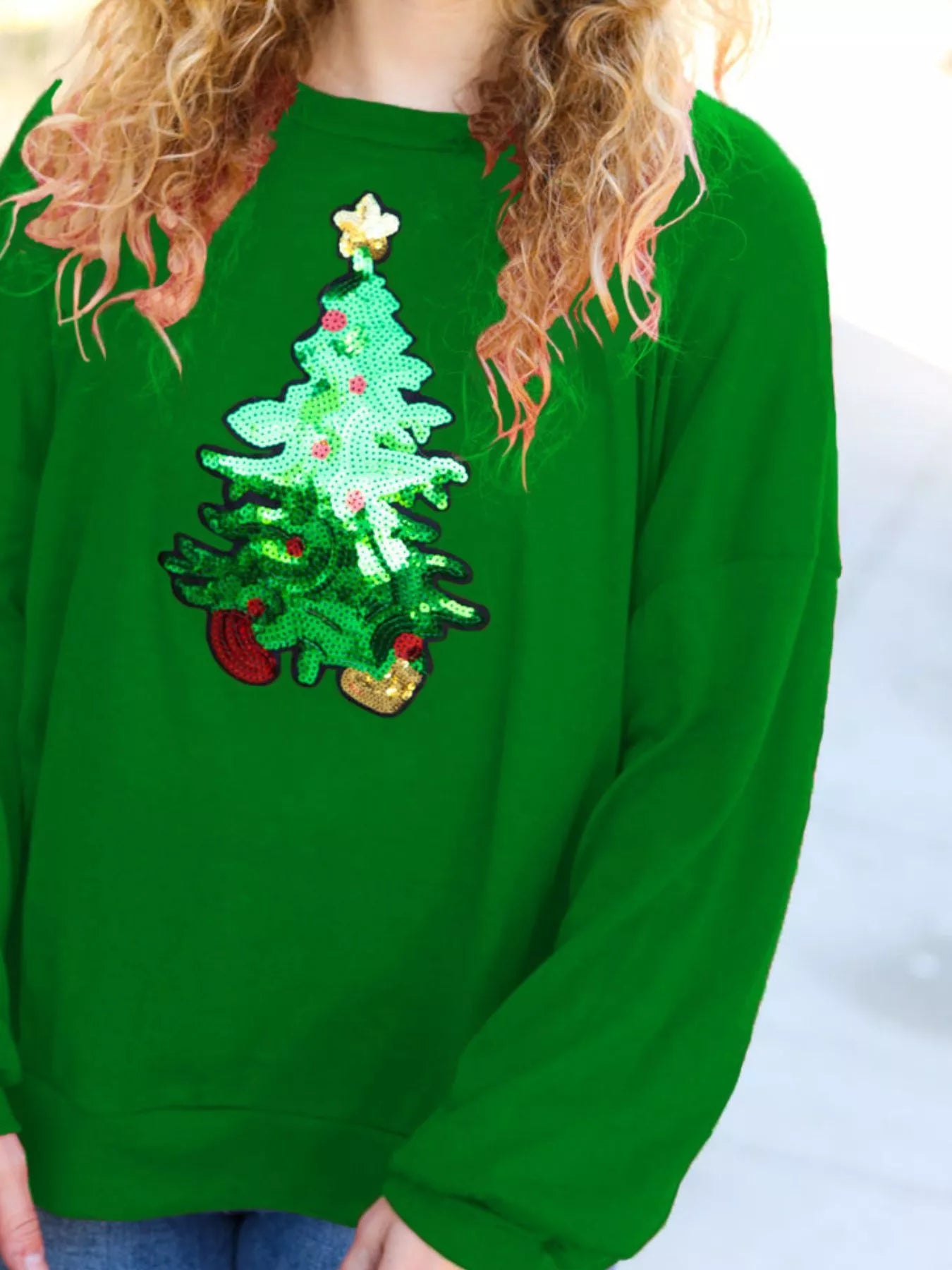 Christmas Tree Sequin Long Sleeve Sweatshirt OutfitFlow