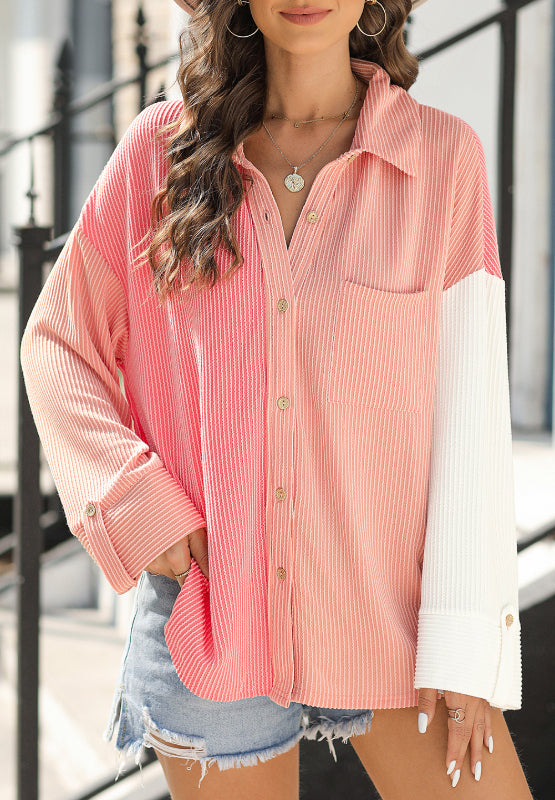 Outfit Flow - Pocketed Color Block Collared Neck Long Sleeve Shirt