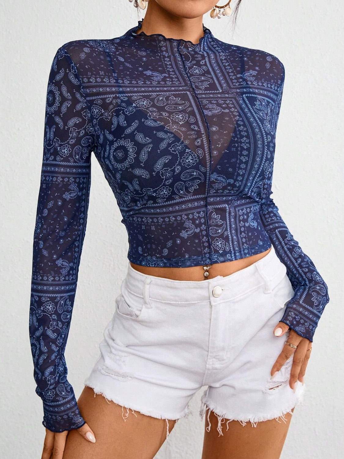Paisley Mock Neck Long Sleeve Sheer Top OutfitFlow