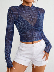 Paisley Mock Neck Long Sleeve Sheer Top OutfitFlow