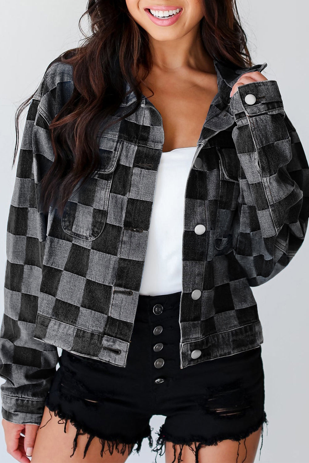 Outfit Flow - Checkered Button Up Denim Jacket