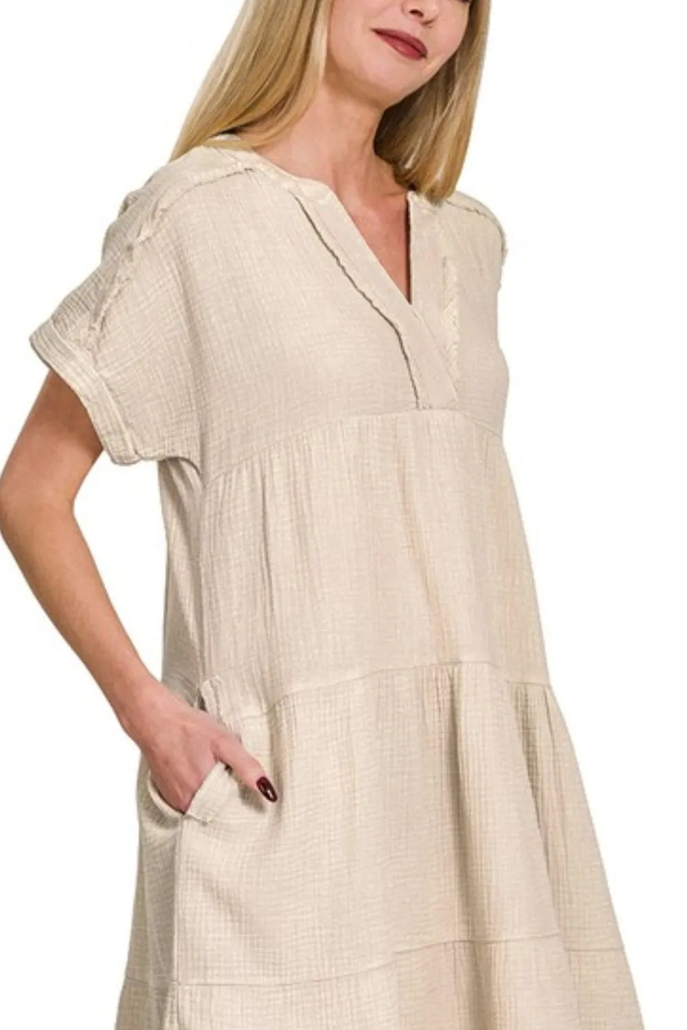 Zenana Washed Double Gauze Raw Edge V-neck Dress OutfitFlow