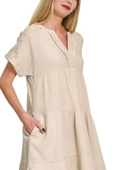 Zenana Washed Double Gauze Raw Edge V-neck Dress OutfitFlow