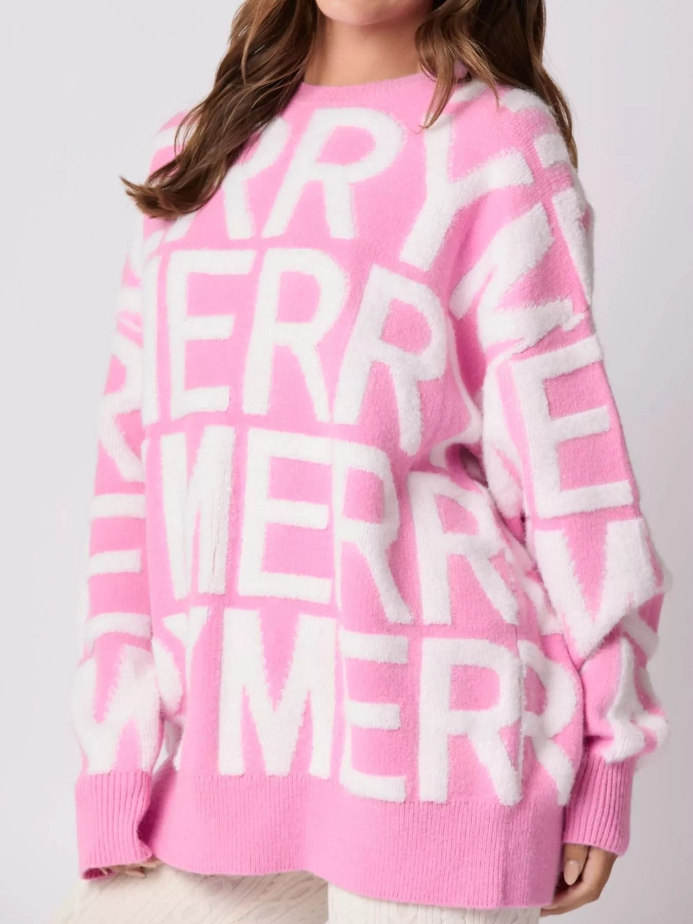 Christmas Merry Festive Holiday Sweater Pink OutfitFlow