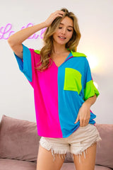 BiBi Slinky Knit Color Block V Neck Front Top FUCHSIA TURQU N.GREE OutfitFlow