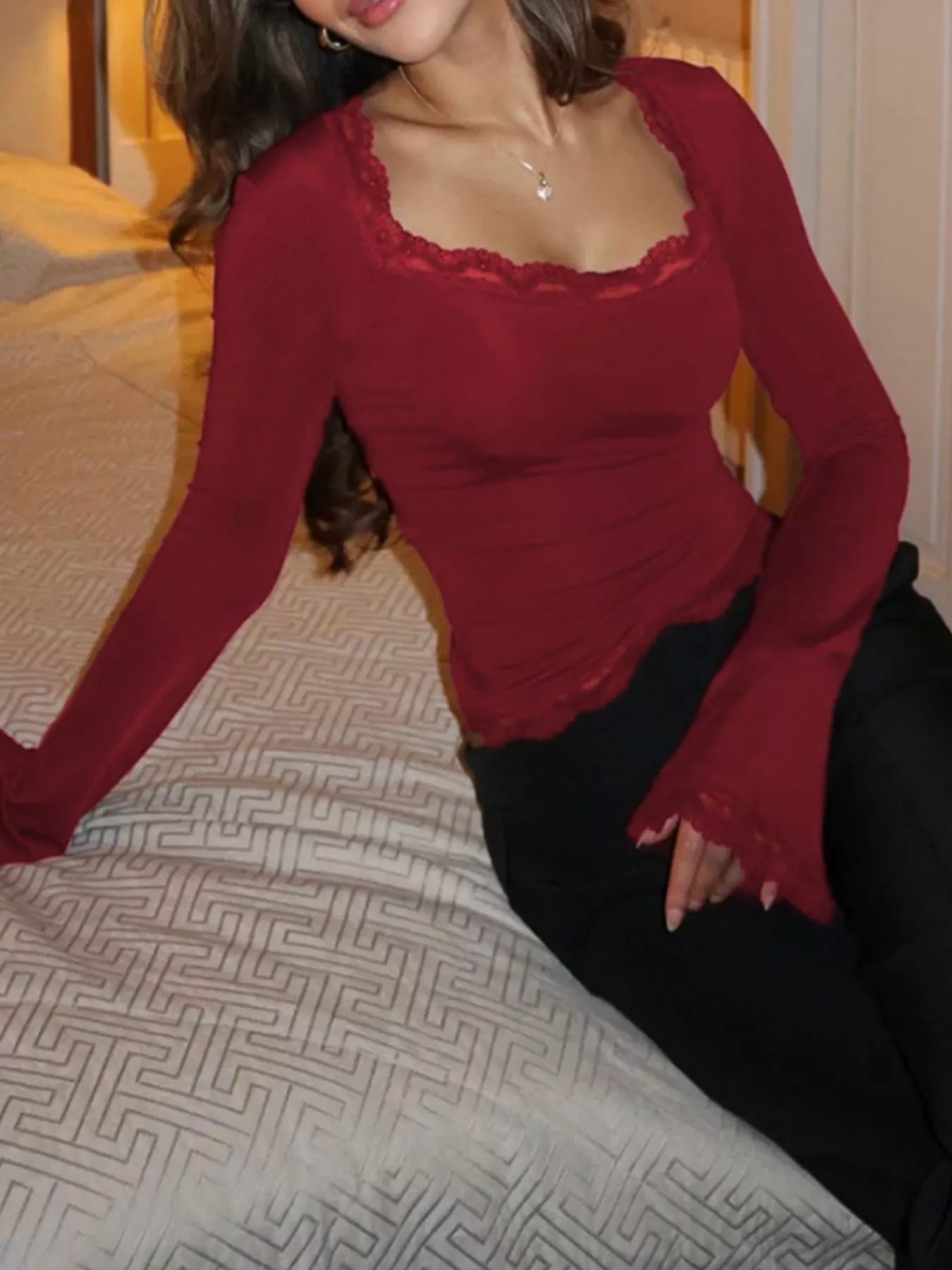 Lace Trim Long Sleeve T-Shirt Trendsi