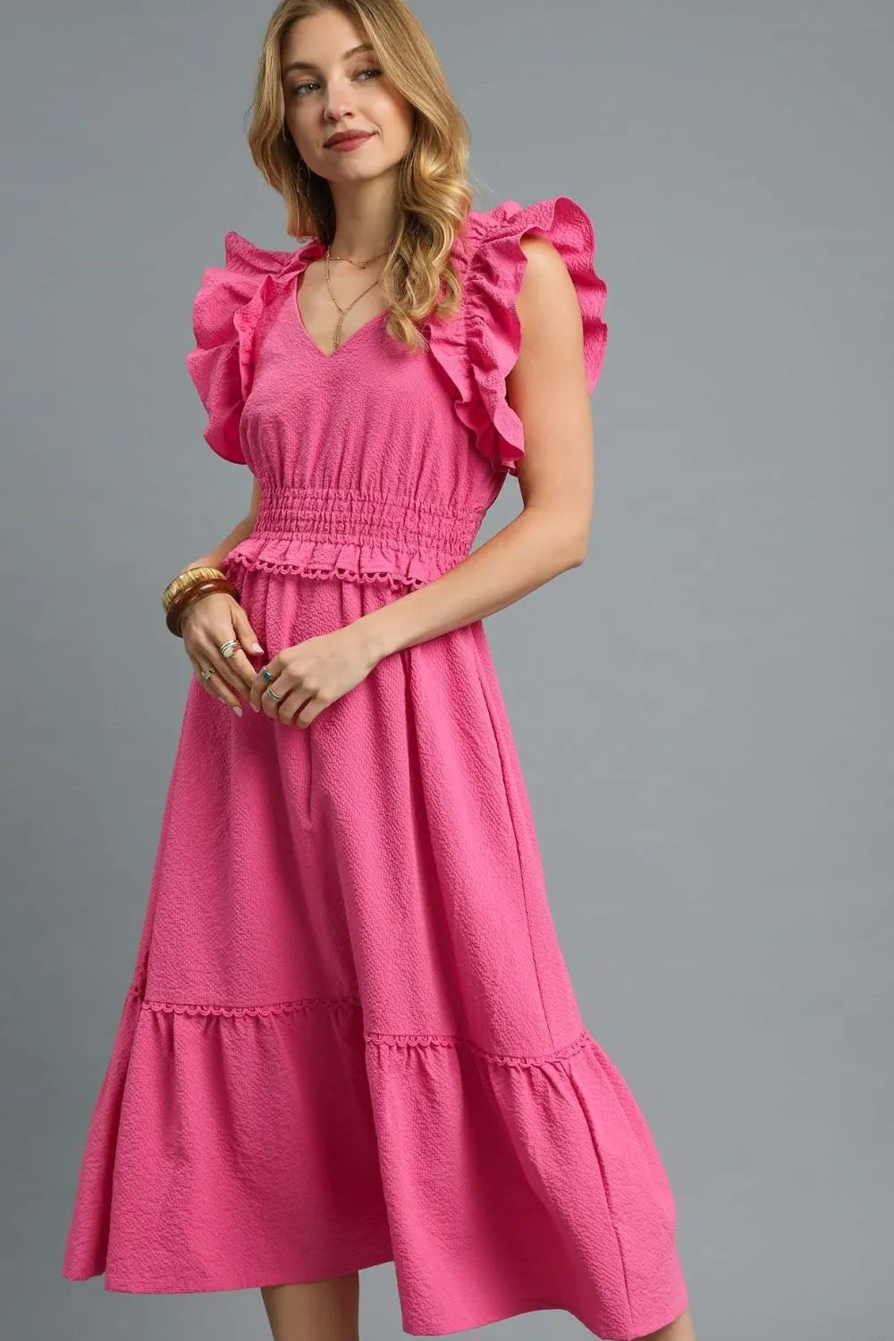 Umgee V-Neck Ruffled Cap Sleeve Midi Dress Hot Pink OutfitFlow