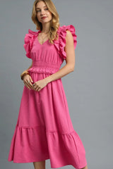 Umgee V-Neck Ruffled Cap Sleeve Midi Dress Hot Pink OutfitFlow