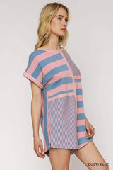 Umgee Mixed Striped Short Sleeve Romper OutfitFlow