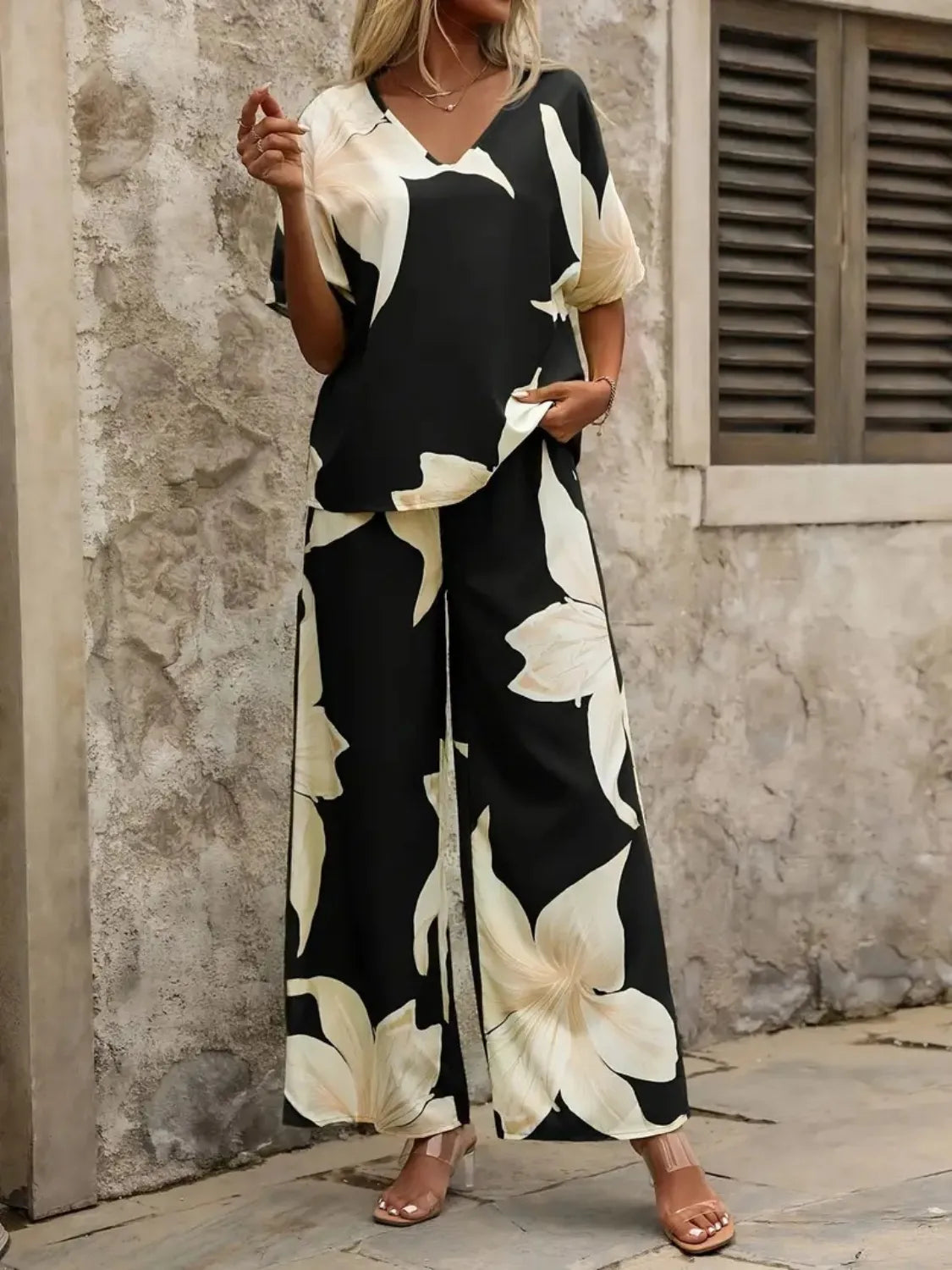 Printed V-Neck Top and Wide Leg Pants Set OutfitFlow